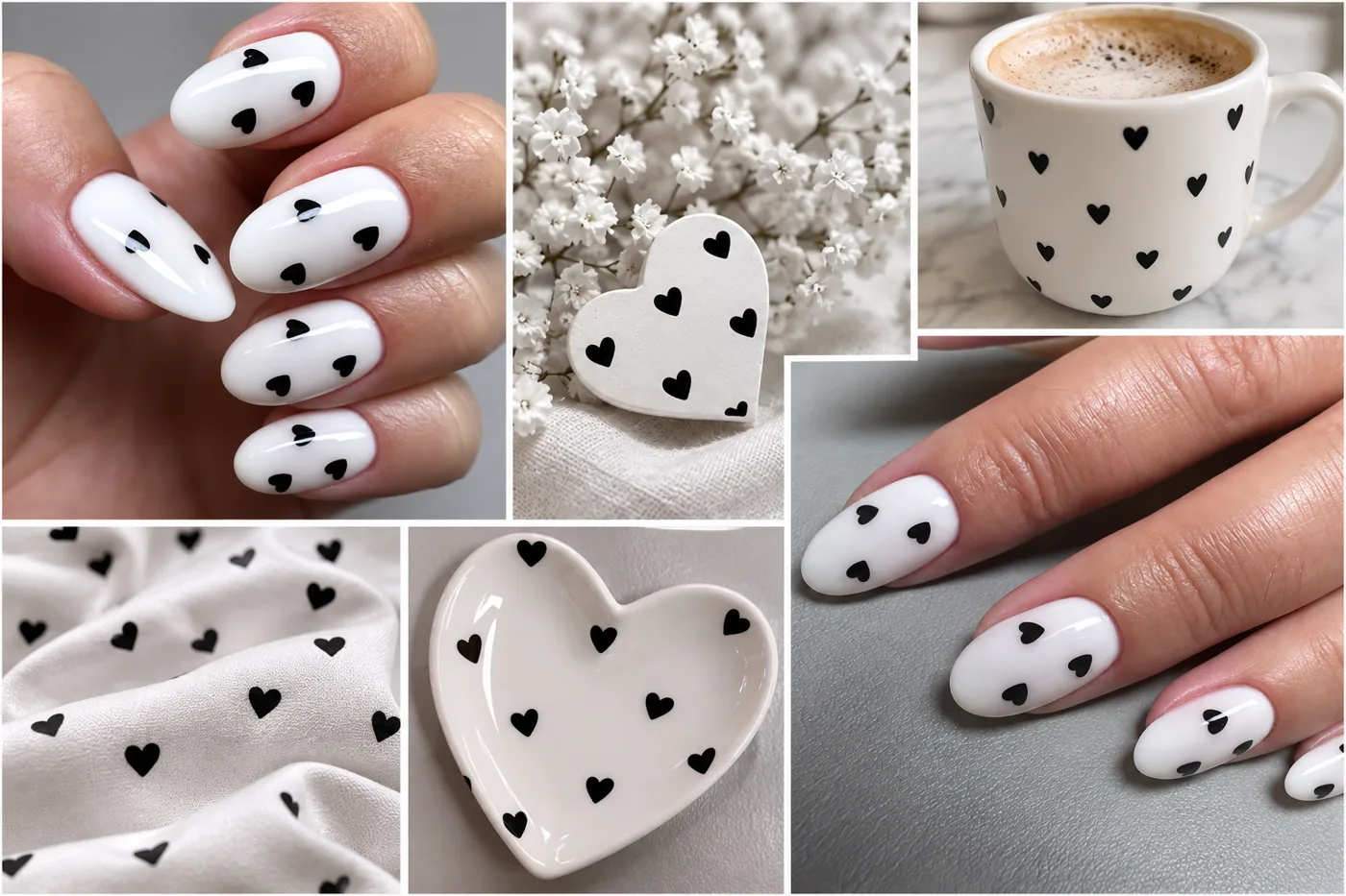 Glossy white almond nails with small black hearts, styled alongside matching ceramics and fabric.